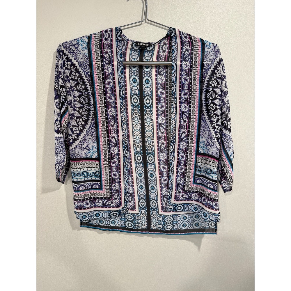 Express Kamino Top Women‎ M Multicolor Polyester Bohemian 3/4 Sleeve Open Front